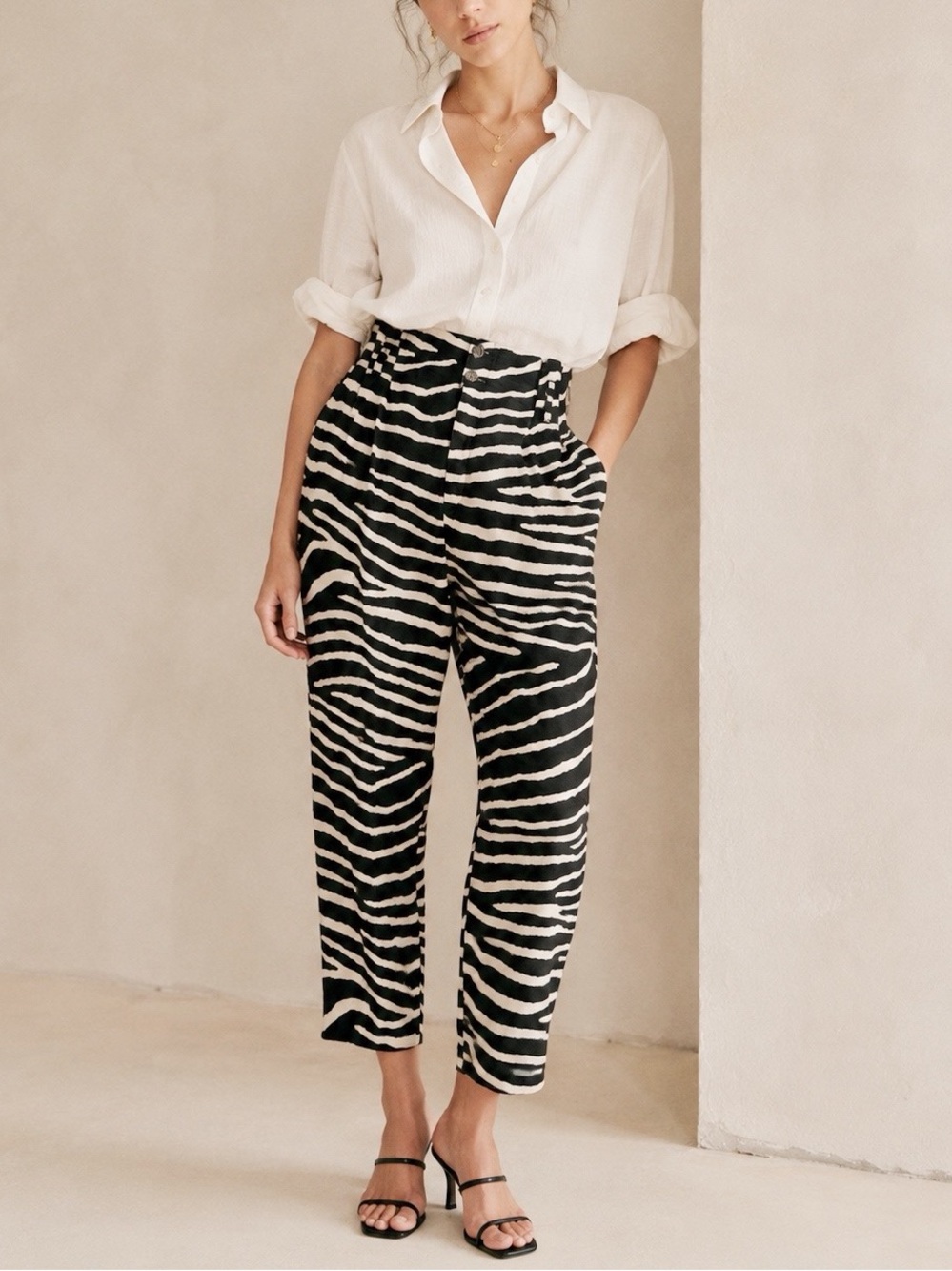 H&M Woman Linen Zebra Print High Waist Paper Bag Waist Pants US12 Classic Boho